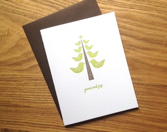Letterpress Holiday Card - Green Bird Tree
