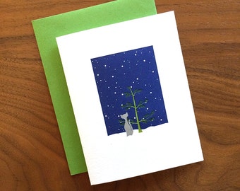 Gray Cat with Tree - Letterpress Holiday Card