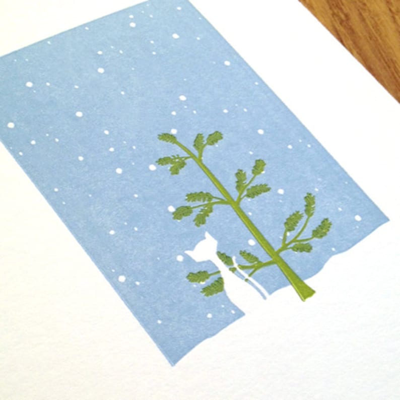 Letterpress Holiday Card White Cat with Tree image 3