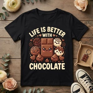 Könnte beinhalten: Schwarzes T-Shirt mit dem Text "LIFE IS BETTER WITH CHOCOLATE" und einer Grafik verschiedener Schokoladenleckereien. Das Design umfasst Schokoriegel, Trüffel und Schokoladentropfen mit niedlichen Gesichtern. Das Shirt wird auf einer Holzoberfläche präsentiert.