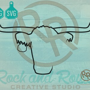 May include: Line art illustration of a longhorn steer head with large horns. The image is on a light blue woodgrain background.