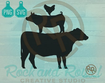 May include: Silhouette of a cow, pig, and chicken stacked on top of each other. The animals are black against a light blue background. The text "Rock and Rowel Creative Studio" is at the bottom of the image.