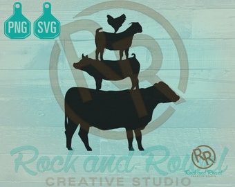 May include: Silhouette of a cow, pig, goat, and chicken stacked on top of each other. The animals are black against a light blue wooden background. The text "Rock and Rowel Creative Studio" is at the bottom of the image.