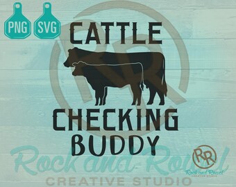 May include: Black and white silhouette of two cattle, one larger than the other, with the text "Cattle Checking Buddy" in black lettering.