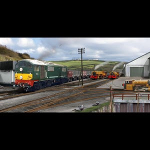 May include: A scenic railway scene featuring several trains. A green and yellow diesel locomotive is in the foreground, with other trains and buildings in the background. The sky is overcast.