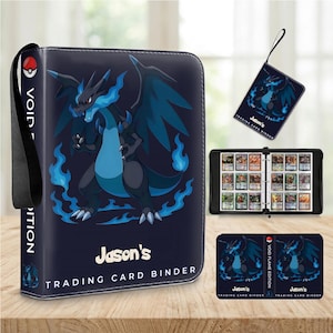Personalized Mega Charizard X Card Binder, Custom Name Pokemon Trading Card Binder, PU Leather TCG Card Album, Zipper Card Holder