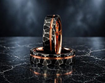 Anillo de tungsteno negro de 6 mm con banda martillada e incrustaciones de oro rosa, alianza de boda para hombre, anillo minimalista moderno, regalo de aniversario de ajuste cómodo