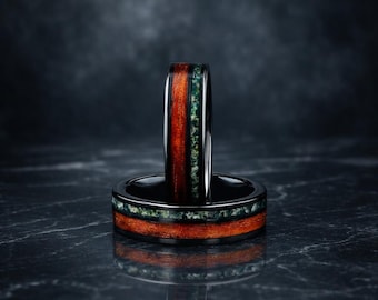 Moss Agate Wooden Ring, Koa Wood, 6mm Tungsten Band, Men's Wedding, Anniversary Gift