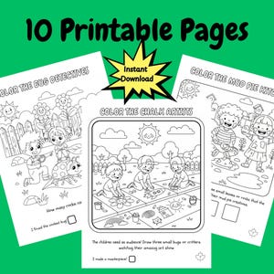 Puede incluir: Un conjunto de diez páginas para colorear imprimibles con dibujos lineales en negro. Las páginas presentan varias escenas, incluyendo niños jugando con insectos, creando arte con tiza y haciendo pasteles de barro. El texto incluye "10 páginas imprimibles" y "Descarga instantánea."