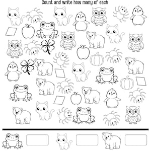 以下が含まれることがあります： 白黒の「I Spy」アクティビティシート。猫、クモ、フクロウ、ペンギン、カエル、クマ、リンゴ、カボチャ、クローバーなど、さまざまな漫画の画像が特徴です。テキストは「それぞれいくつあるか数えて書いてください」と書かれています。