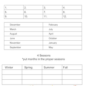 May include: A white worksheet titled "Months & Seasons" with tables for listing months and seasons. Includes a section to match months to seasons, and illustrations of a snowflake, flower, sun, and leaves.