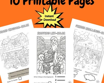 May include: An orange background with the text "10 Printable Pages" in black. Three black and white coloring pages are displayed, with the titles "BOARD KINGDOM-COLOR", "SHOPPING LIST-COLOR", and "FRISBEE CHALLENGE-COLOR". A yellow starburst graphic says "Instant Download".