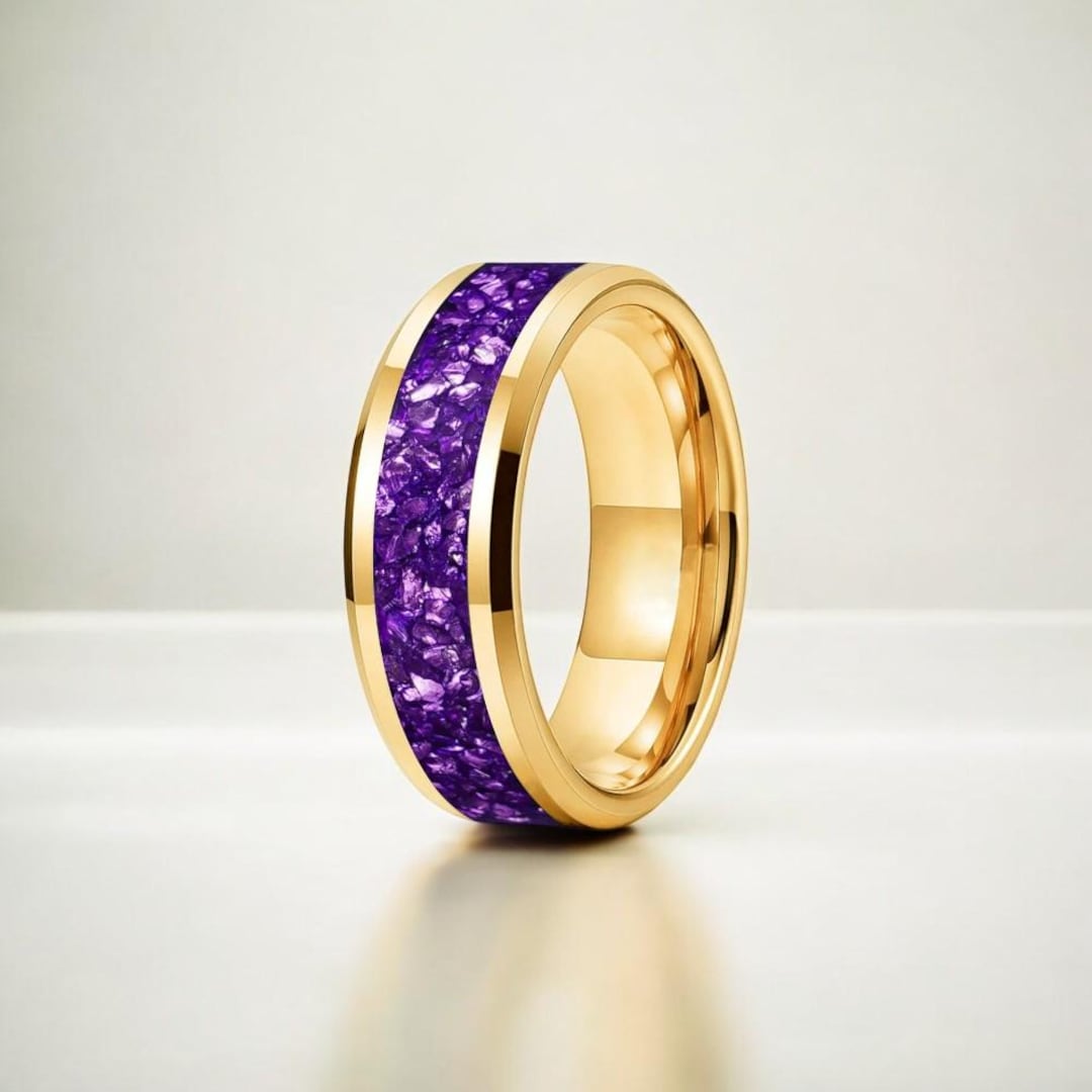 Gold Amethyst Ring, Purple Crushed Stone Inlay Band, Wedding Ring ...