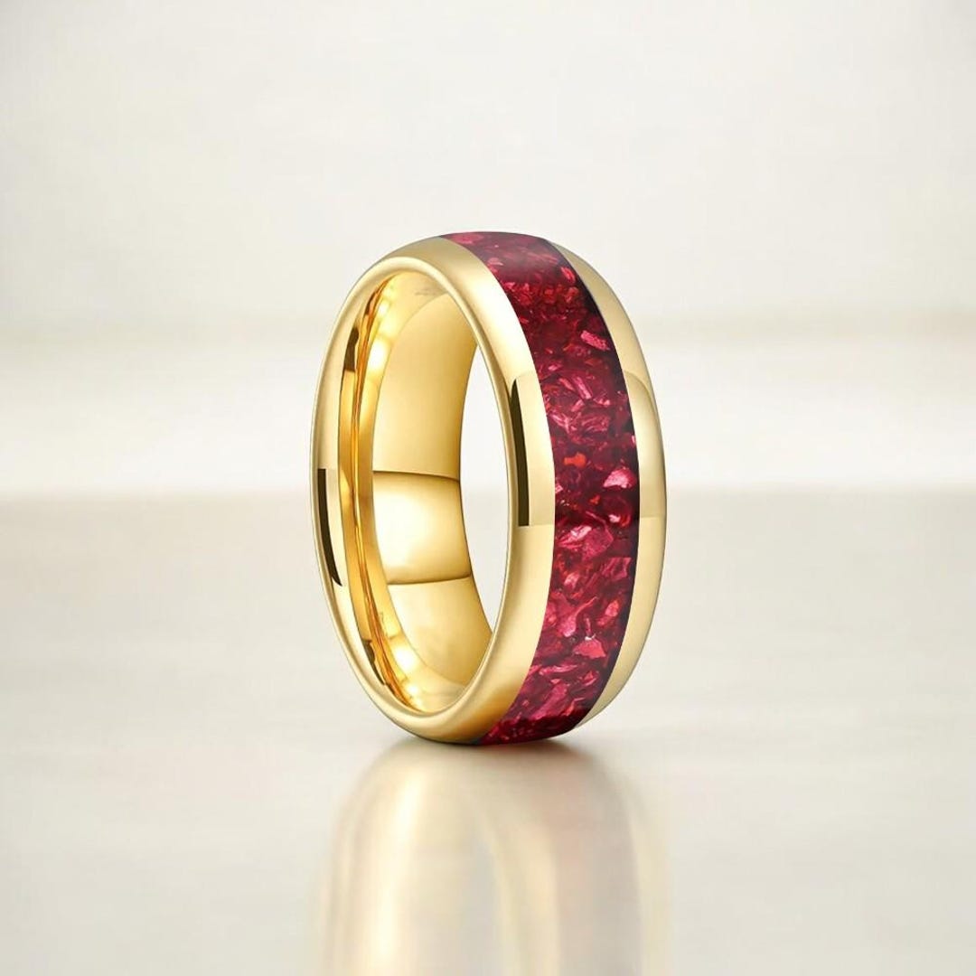 Ruby Inlaid Wring Gold Wedding Band, 8mm Ruby Red Crushed Stone Inlay Ring - Etsy