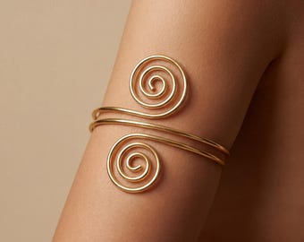 Gold Plated Upper Arm Cuff Bracelet for Women - Adjustable Spiral Armlet, Minimalist Open Armband Jewelry