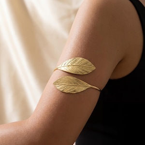 Gold Leaf Arm Cuff Set - Adjustable Upper Arm Bracelet, Bohemian Jewelry for Festival & Goddess Style