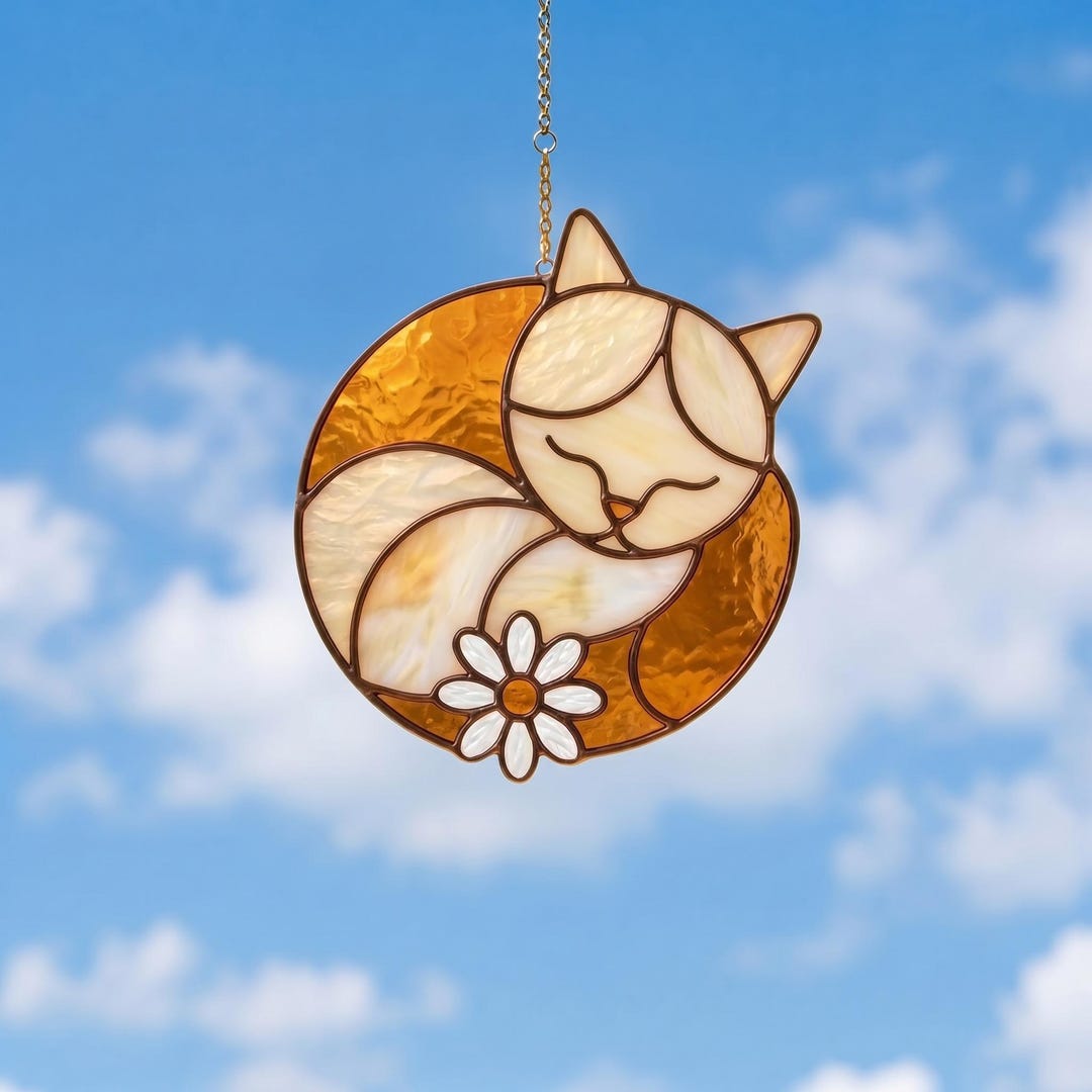 Sleeping Cat Suncatcher Stained Glass Pattern, Floral, Beginner PDF DIY ...