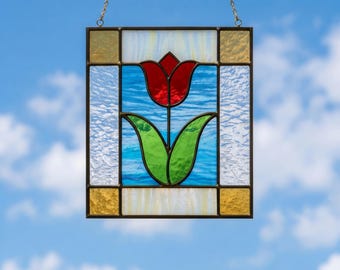 Gebrandschilderd glas pdf-tulppatroon, rode tulp, beginner DIY Suncatcher-patroon, Tiffany-stijl, pdf-download, beginnersvriendelijk bloemendecor