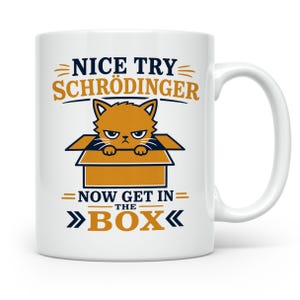 Könnte beinhalten: Ein weißer Keramikbecher mit einer Grafik einer orangefarbenen Katze mit mürrischem Gesichtsausdruck, die in einem braunen Pappkarton sitzt. Der Text lautet NICE TRY SCHRÖDINGER in Orange und NOW GET IN THE BOX in Dunkelblau mit Pfeilakzenten.