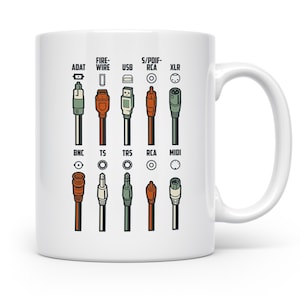 Könnte beinhalten: Ein weißer Keramikbecher mit einem Grafikdruck verschiedener Audio- und Datenkabelanschlüsse. Das Design zeigt zwei Reihen beschrifteter Stecker, darunter ADAT, FireWire, USB, S/PDIF-RCA, XLR, BNC, TS, TRS, RCA und MIDI, jeweils mit dem passenden Symbol.