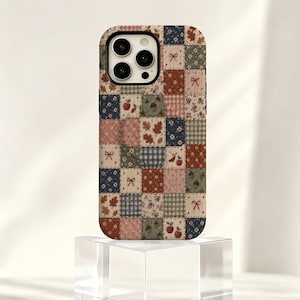 Vintage Patchwork Phone Case, Autumn Floral Plaid Quilt Cover, Apple Bow Cottagecore iPhone 17 16 15 14 13 12 Pro Max X XS,Samsung S22 Ultra