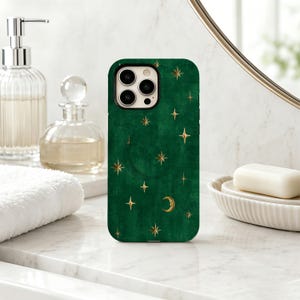 Emerald Celestial Phone Case, Gold Star Moon Case, Vintage Mystic Cover, For iPhone 17 16 15 14 13 12 Pro Max X XS,Samsung S22 Ultra