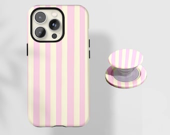 Pink Yellow Striped Phone Case, Soft Coquette Aesthetic Candy Stripe Cover, For iPhone 17 16 15 14 13 12 Pro Max X XS, Samsung S22 Ultra