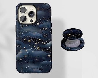 Starry Sky Phone Case, Blue Night Moon Aesthetic Celestial Stars Cover with iPhone 17 16 15 14 13 12 Pro Max X XS, Samsung S22 Ultra