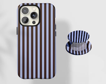 Blue and Brown Striped Phone Case, Vertical Stripe Pattern iPhone Cover, For iPhone 17 16 15 14 13 12 Pro Max X XS, Samsung S22 Ultra