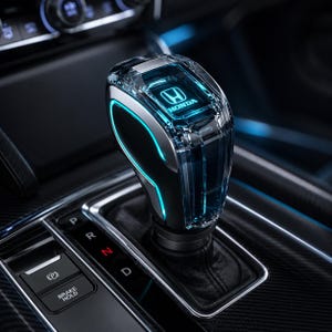 May include: A gear shift knob for a vehicle featuring a clear, transparent casing with an internal blue light illumination. The top of the knob displays the Honda logo in white. The base is black, and the surrounding console shows gear indicators.