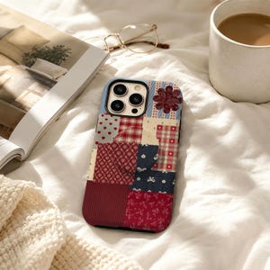 Patchwork Quilt Phone Case, Red Plaid Case, Vintage Cottagecore Cover, For iPhone 17 16 15 14 13 12 Pro Max X XS,Samsung S22 Ultra