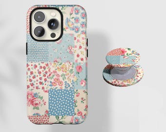 Vintage bloemen patchwork telefoonhoesje, preppy girly bloem esthetiek, schattige print, iPhone 17 16 15 14 13 12 Pro Max X XS, Samsung S22 Ultra