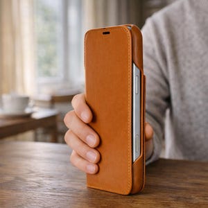 Op de afbeelding: Een bruinleren telefoonhoesje met een zilveren telefoon zichtbaar aan de zijkant. De hoes wordt in de hand van een persoon gehouden, wat het ontwerp en de textuur laat zien. De hoes heeft een gestikte rand.