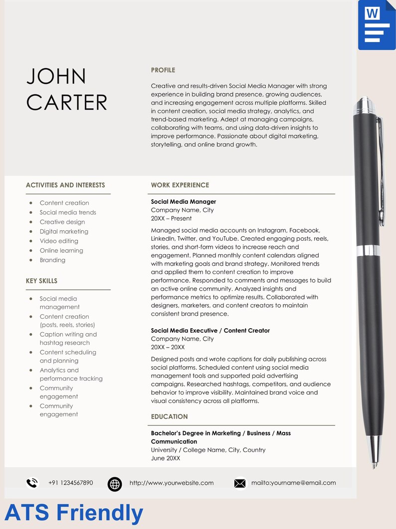 Modern Resume Template | ATS Friendly CV & Cover Letter (instant ...