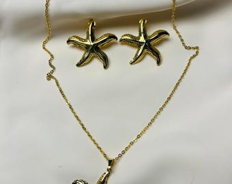 Ręcznie robiony elegancki zestaw naszyjnika i kolczyków ze stali nierdzewnej w kształcie rozgwiazdy – biżuteria inspirowana oceanem