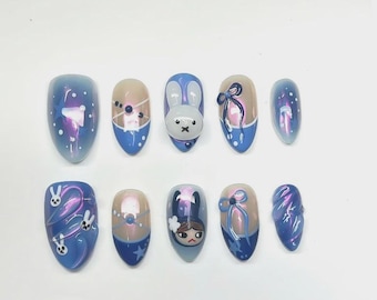 Ensemble de presse-ongles Blue Galaxy Bunny, longs amandes Kawaii 3D