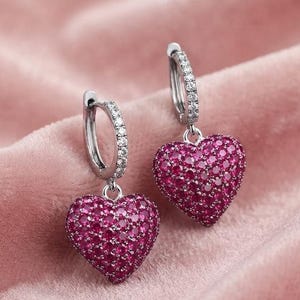 Pavé Ruby Heart Drop Earrings in 925 Sterling Silver, Red Stone Dangle Huggies, Romantic Statement Jewelry