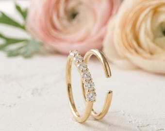 Modern Bypass Solitaire Chevron Ring Set, Diamond Pave Bands Bundle