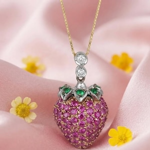 Strawberry Pendant Necklace / Ruby and Emerald Fruit Jewelry / 925 Sterling Silver Strawberry Charm / Dainty Botanical Necklace