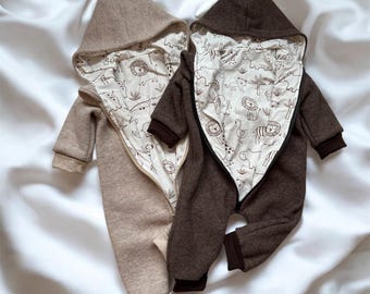 Walkoverall / Walkanzug , gefüttert mit Baumwolljersey Stoff, Anzug aus Schurwolle für Babys und Kinder mit Bäreohren