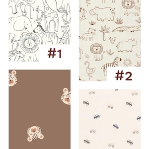 May include: A collage of four fabric patterns: #1 features black line-art safari animals on white, #2 shows brown line-art jungle animals on cream, #3 displays brown leopard faces on a solid brown background, and #4 has small cars on cream.