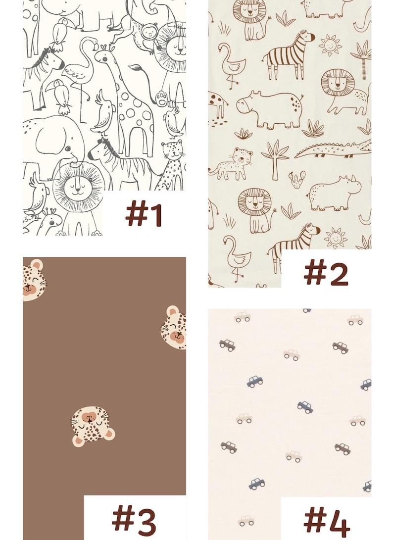 May include: A collage of four fabric patterns: #1 features black line-art safari animals on white, #2 shows brown line-art jungle animals on cream, #3 displays brown leopard faces on a solid brown background, and #4 has small cars on cream.