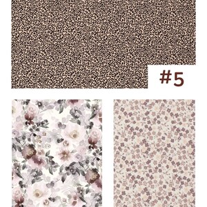 May include: Three fabric swatches labeled #5, #6, and #7. Swatch #5 features a black leopard print on a tan background. Swatch #6 displays a watercolor floral pattern with pink, purple, and grey flowers on white. Swatch #7 shows a small mauve floral print.
