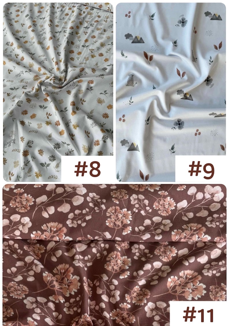 May include: Three fabric swatches labeled #8, #9, and #11. Swatch #8 features a white background with small brown and gray floral patterns. Swatch #9 displays a white background with mountain, flower, and leaf motifs. Swatch #11 shows a dark brown fabric with a dense pattern of light pink and white floral clusters.