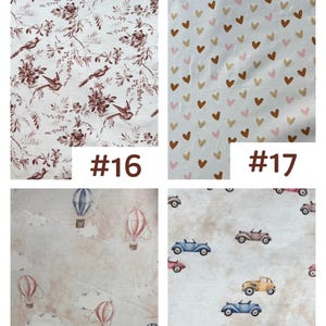 May include: Four fabric swatches labeled #16 through #19. #16 features a maroon bird and floral pattern on white. #17 shows gold and pink hearts on white. #18 displays watercolor hot air balloons on a cloudy background. #19 shows vintage cars.
