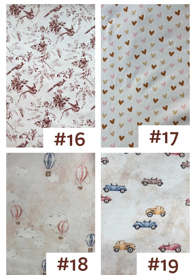 May include: Four fabric swatches labeled #16 through #19. #16 features a maroon bird and floral pattern on white. #17 shows gold and pink hearts on white. #18 displays watercolor hot air balloons on a cloudy background. #19 shows vintage cars.