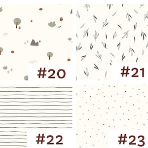 May include: A grid of four fabric patterns labeled #20 through #23. Pattern #20 features trees, mushrooms, and hills on a cream background. Pattern #21 shows dark gray leaves. Pattern #22 displays horizontal dark gray lines. Pattern #23 has small dots.