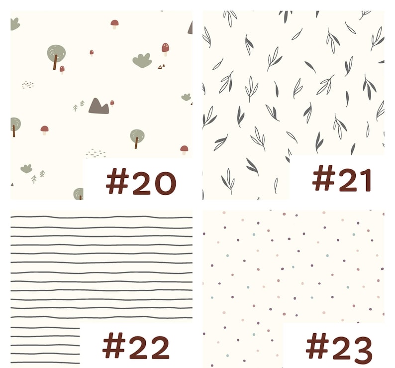 May include: A grid of four fabric patterns labeled #20 through #23. Pattern #20 features trees, mushrooms, and hills on a cream background. Pattern #21 shows dark gray leaves. Pattern #22 displays horizontal dark gray lines. Pattern #23 has small dots.