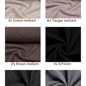 May include: A grid of six fabric swatches showing different colors and textures. The labels are #1 Cream meliert, #2 Taupe meliert, #3 Braun meliert, #4 Schwarz, #5 Anthrazit, and #6 Grau meliert. The fabrics appear to be a soft, knit material.
