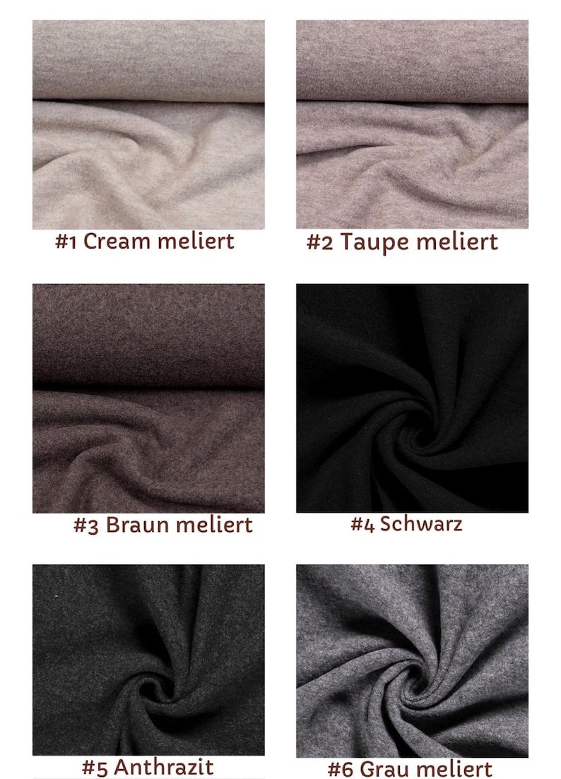 May include: A grid of six fabric swatches showing different colors and textures. The labels are #1 Cream meliert, #2 Taupe meliert, #3 Braun meliert, #4 Schwarz, #5 Anthrazit, and #6 Grau meliert. The fabrics appear to be a soft, knit material.